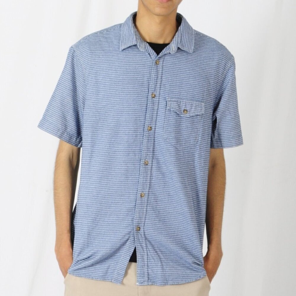 OLD NAVY Mens Blue White Chambray Stripe Short Sleeve Button Down Shirt SLIM FIT
